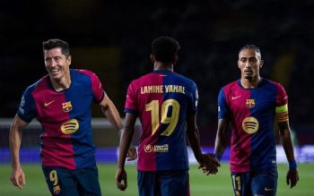 Barcelona Players Lewandowski, Yamal, and Raphinha Celebrating