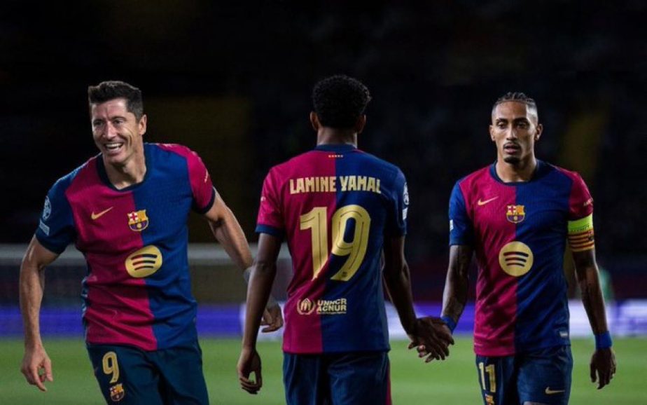 Barcelona Players Lewandowski, Yamal, and Raphinha Celebrating