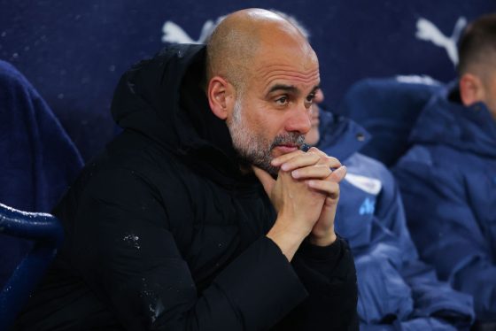 Manchester City Manager Pep Guardiola Looks On