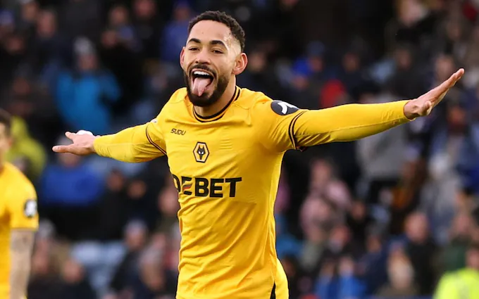 Premier League Star Matheus Cunha Celebrating After Scoring for Wolverhampton Wanderers scores Manchester United. Arsenal