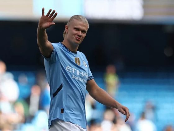 Premier League Ace Erling Haaland Celebrating after Scoring for Manchester City 