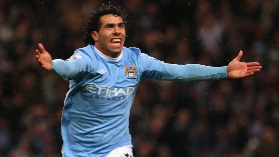 Carlos Tevez Celebrating Wildly After Scoring for Manchester City