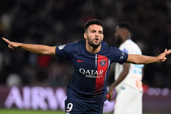Goncalo Ramos Celebrating With His Arms Wide After Scoring for PSG