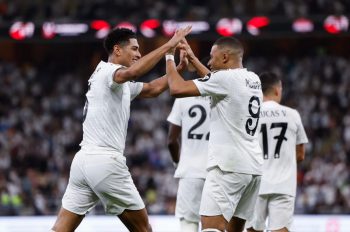 Real Madrid Players Jude Bellingham and Kylian Mbappe Celebrating After Scoring Against Mallorca