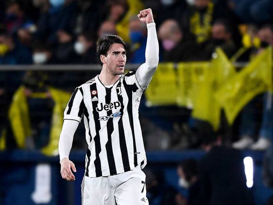 Dusan Vlahovic Celebrating After Scoring in Champions League Round of 16