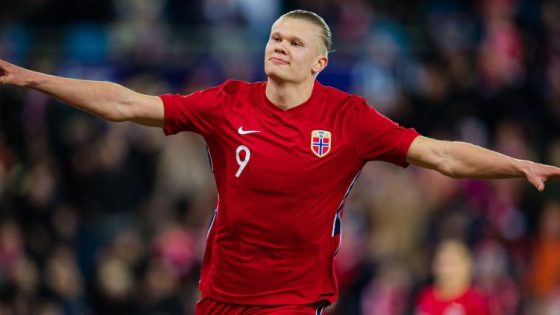 Erling Haaland, Who Is One of the Top Scorers in Nations League History, Celebrating After Scoring for Norway