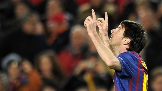 Lionel Messi Celebrating After Scoring Against Bayer Leverkusen in the Champions League
