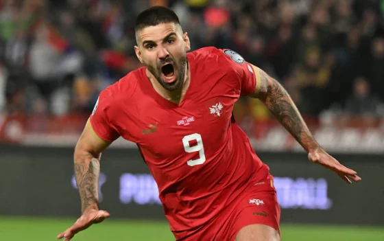 Mitrovic — One of the Top Scorers in Nations League — Celebrating Wildly After Scoring