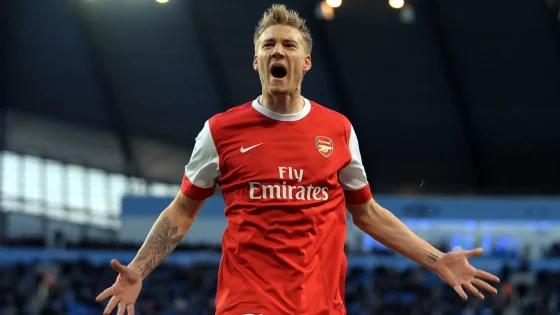 Nicklas Bendtner Celebrates After Scoring for Arsenal