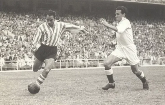 Telmo Zarra, the All Time Copa del Rey Top Scorer, Shooting the Ball While Playing for Athletic Bilbao