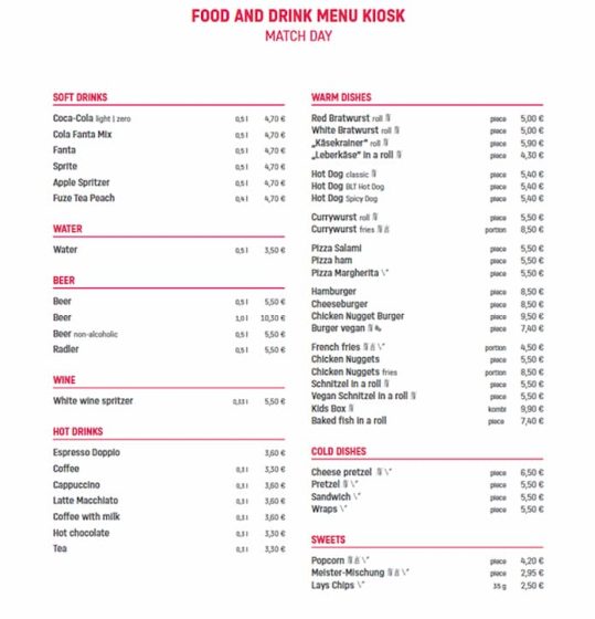 Allianz Arena Food and Drink Menu