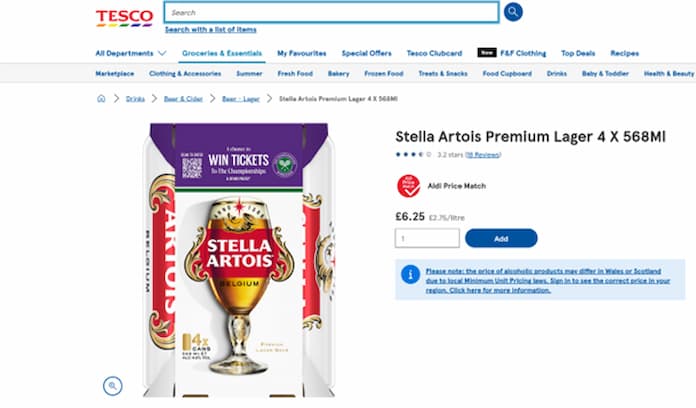 Tesco Charges £6.25 For Four Cans Of Stella (correct 27th June 25)