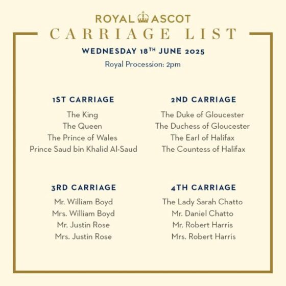 Royal Ascot Carriage List - Day Two (Weds 18th June 2025)