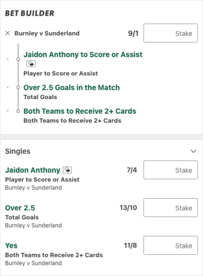 Burnley Vs Sunderland tips bet builder