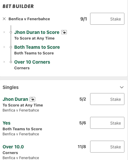 Benfica Vs fenerbahce betting tips bet builder
