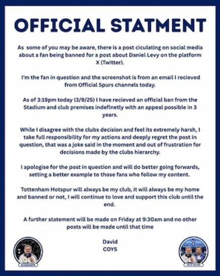 Tottenham Statement Banning Fan After Tweet Directed at Daniel Levy
