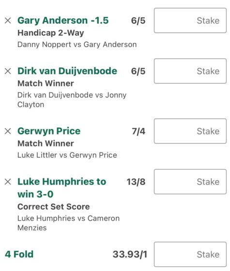 World Grand Prix Day 5 betting tips - Friday's quarter-finals darts acca