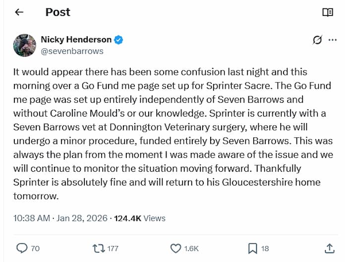 Nicky Henderson Sprinter Sacre Tweet
