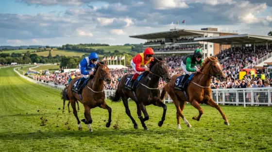 Thoroughbred racehorses competing at full speed on Epsom Downs racecourse during Derby day