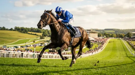 Thoroughbred racehorse galloping on Epsom Downs track in blue and white racing silks