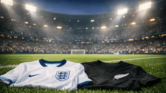 England and New Zealand football jerseys on stadium pitch under floodlights before international match