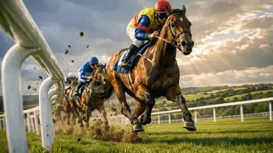Thoroughbred horses racing at Epsom Derby with jockeys in colorful silks on the historic Downs course