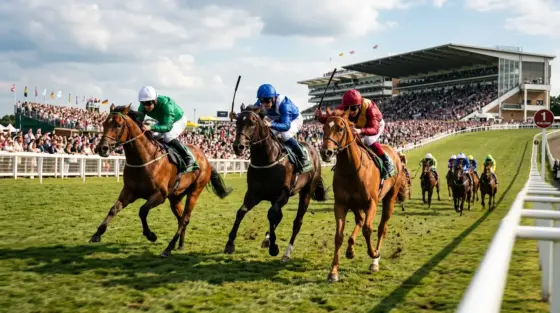 Thoroughbred fillies racing on Epsom Downs track during Oaks Day at the Derby Festival