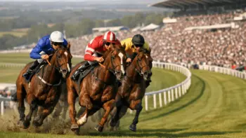 Thoroughbred horses racing around Epsom Downs during Derby Day competition