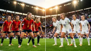Spain and England women's soccer teams face off in dramatic stadium setting during international qualifier match