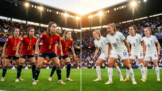 Spain and England women's soccer teams face off in dramatic stadium setting during international qualifier match