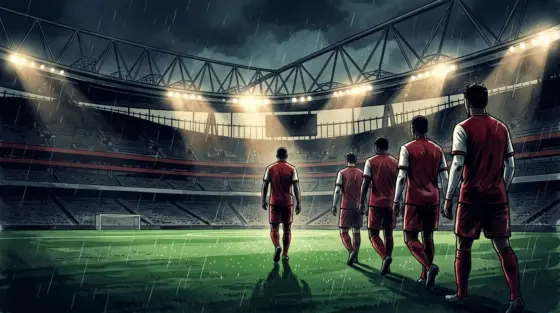 Arsenal-inspired football team walking onto a floodlit pitch for a high-stakes Last Man Standing selection