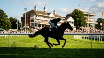 Racehorse and jockey racing across York Racecourse during the Juddmonte International Stakes
