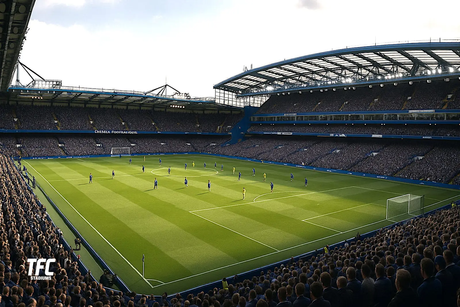 Wide shot of a football match at Stamford Bridge with players on the pitch and full crowds in the stands.