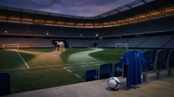 Chelsea jersey and football in an empty stadium symbolizing Nicolas Jackson's contested transfer