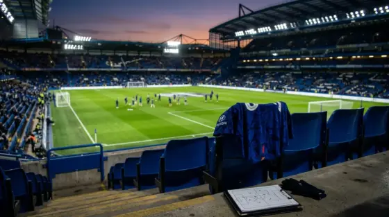 Chelsea-inspired football scene at Stamford Bridge representing a top-four Premier League push