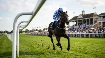 Racehorse and jockey accelerating along Goodwood’s turf course in warm late-summer light