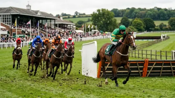 Racehorses compete over a hurdle on a British turf course in a competitive Friday racing feature.