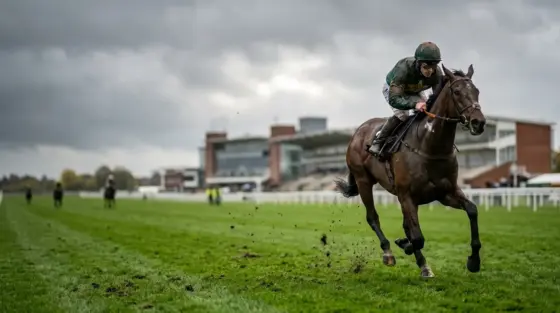 Racehorse and jockey galloping on soft turf at a British racecourse