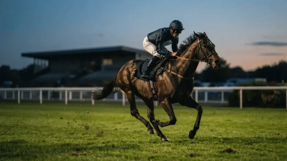 Thoroughbred racehorse sprinting on a UK turf course at twilight