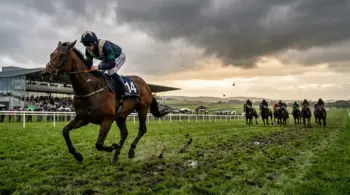 Racehorse galloping on rain-softened turf at the Curragh before an Irish handicap