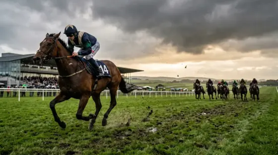 Racehorse galloping on rain-softened turf at the Curragh before an Irish handicap