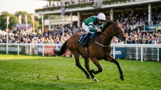 Racehorse and jockey accelerating on the York Racecourse turf during a major Flat racing meeting