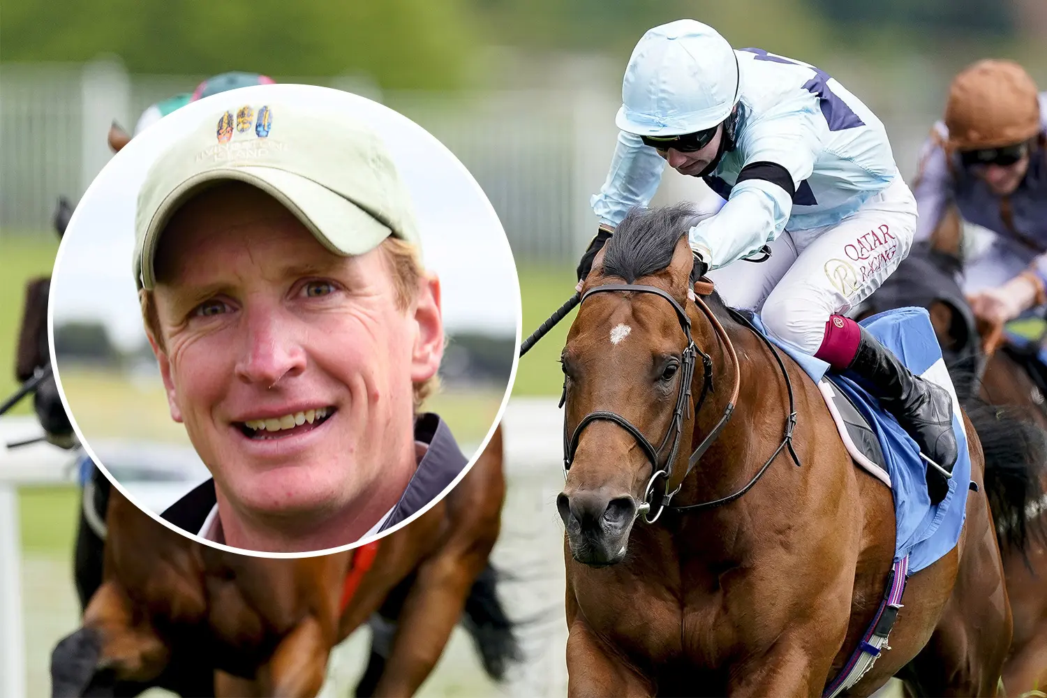 Portrait of trainer Ed Walker inset over a photo of a jockey racing a brown horse