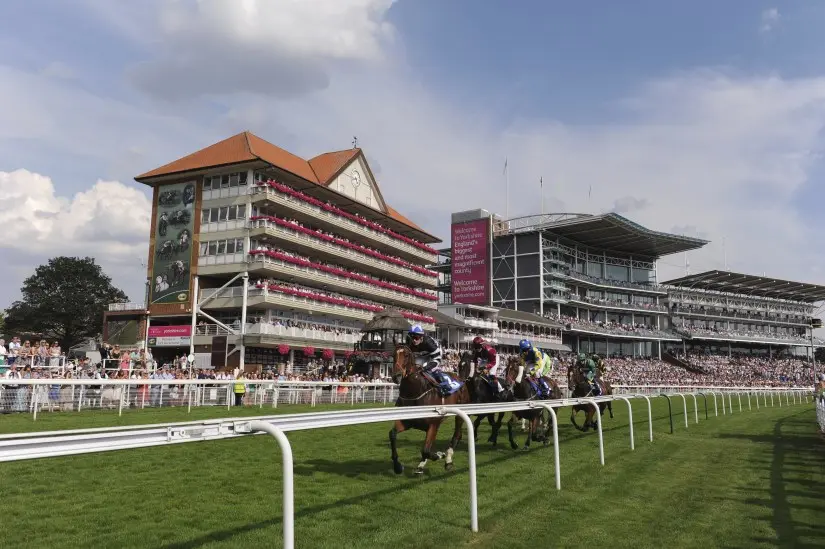 Racehorses and jockeys galloping along the grass track at York Racecourse with grandstands in the background