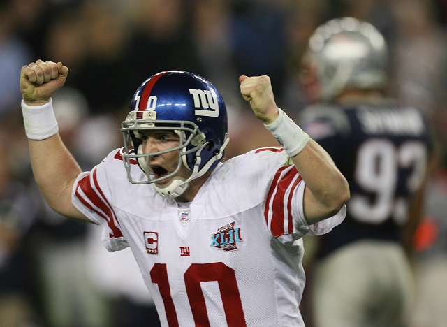 Eli Manning screams as he wins the Super Bowl.