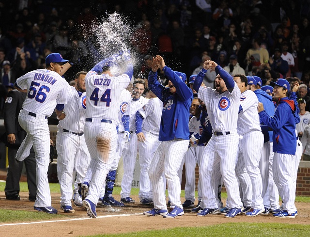 CHICAGO, IL - SEPTEMBER 15: Anthony Rizzo #44 of the Chicago Cubs celebrates his walk-off home run in the ninth inning against the Cincinnati Reds on September 15, 2014 at Wrigley Field in Chicago, Illinois. The Chicago Cubs defeated the Cincinnati Reds 1-0. (Photo by David Banks/Getty Images)
