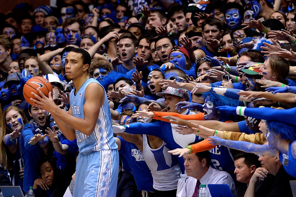 "Cameron Crazies" intimidate a UNC player during a game. 