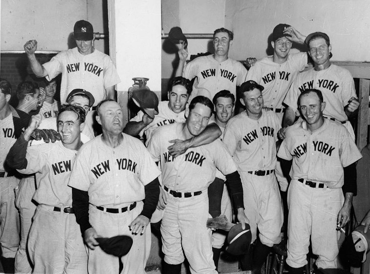 Members of the New York Yankees celebrate a 1941 victory over the Boston Red Sox.