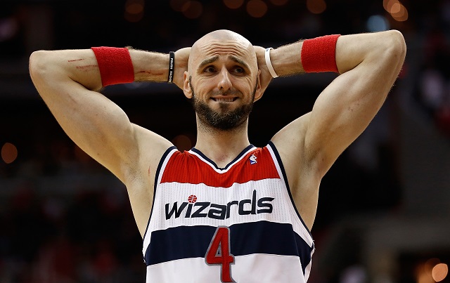 Marcin Gortat grimaces at a call by the referee.