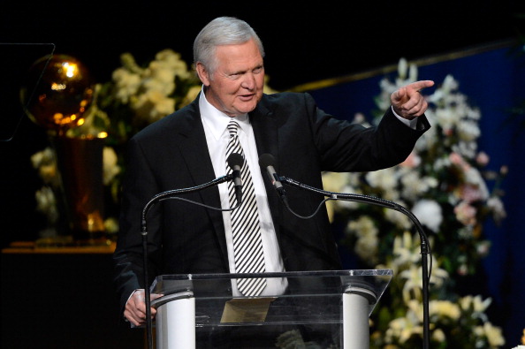 Jerry West addresses the audience at an NBA event.